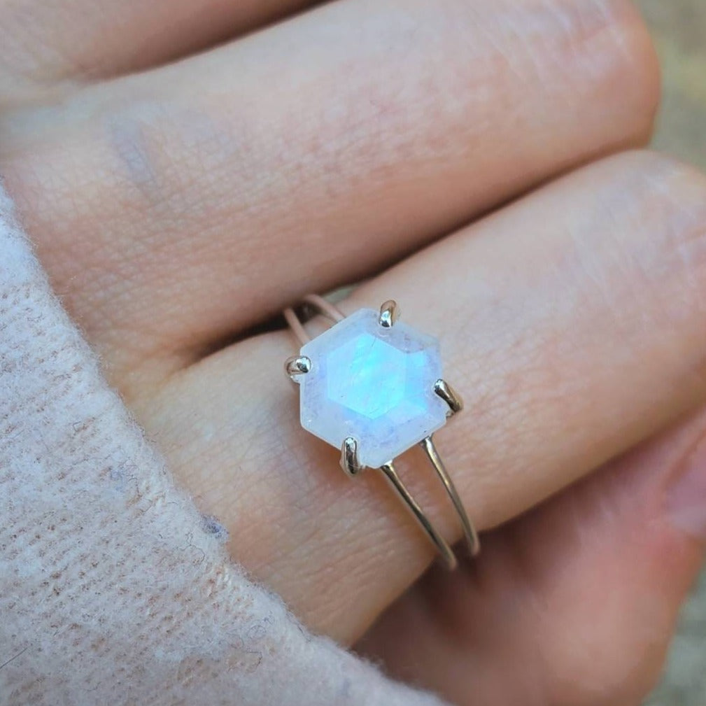 Hexagon moonstone sales engagement ring