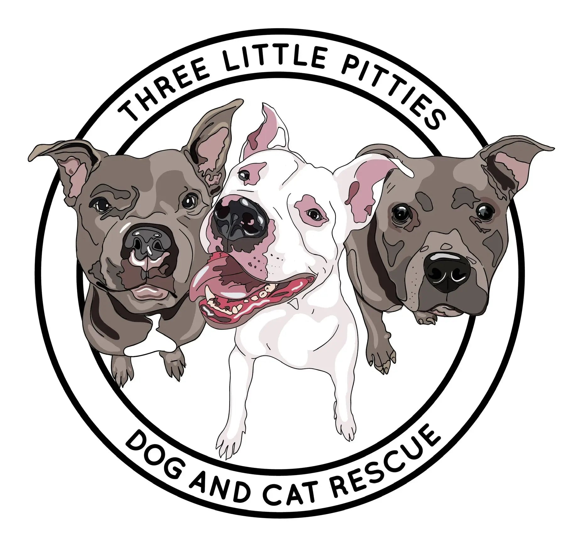 Circular logo of Three Little Pitties Dog and Cat Rescue with three pit bull dogs.
