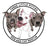 Circular logo of Three Little Pitties Dog and Cat Rescue with three pit bull dogs.