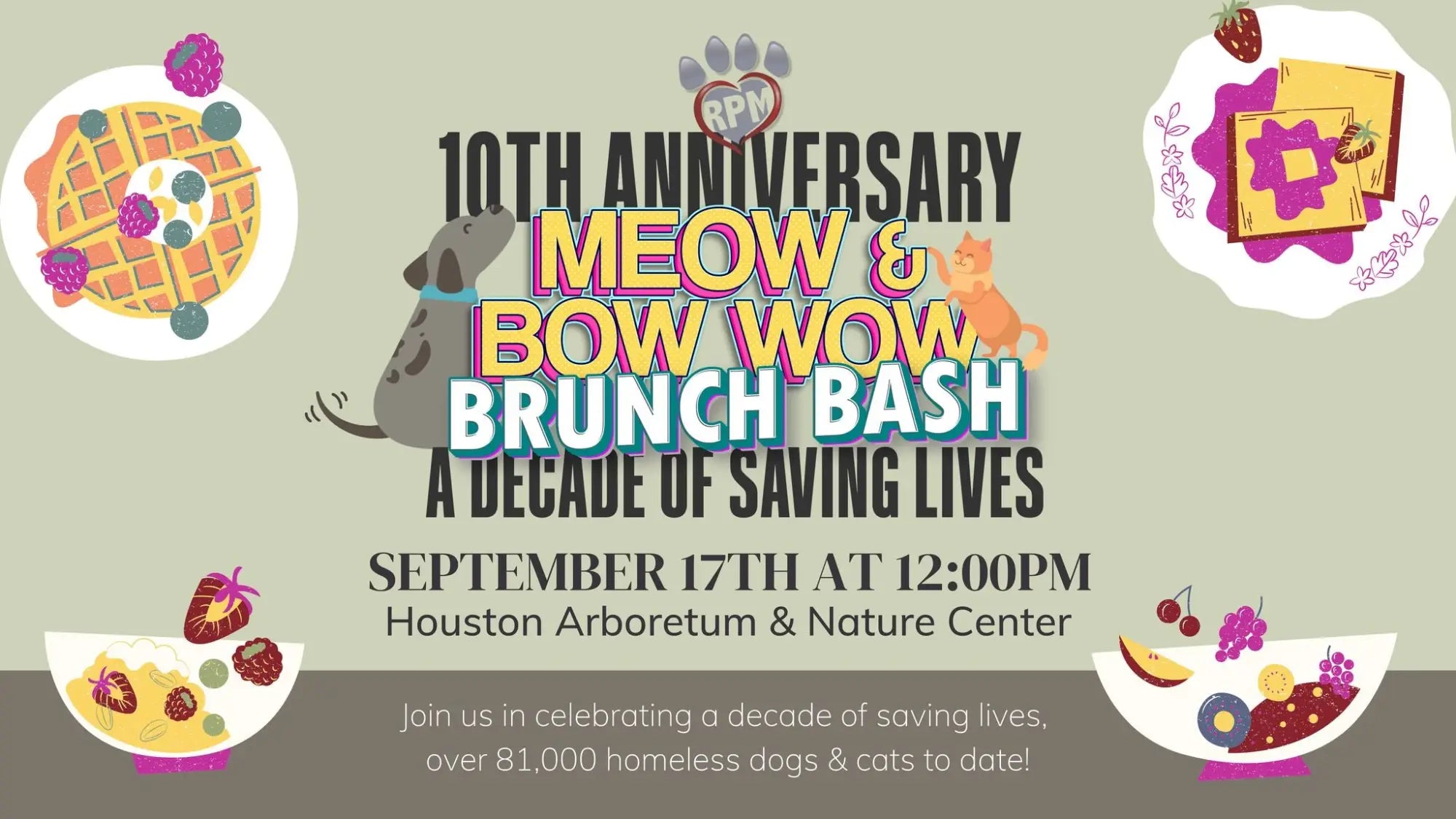 Promotional flyer for Meow & Bow Wow Brunch Bash celebrating rescued pets movement.