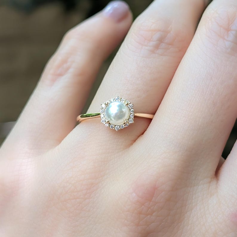 Pearl Hexagon Halo Ring