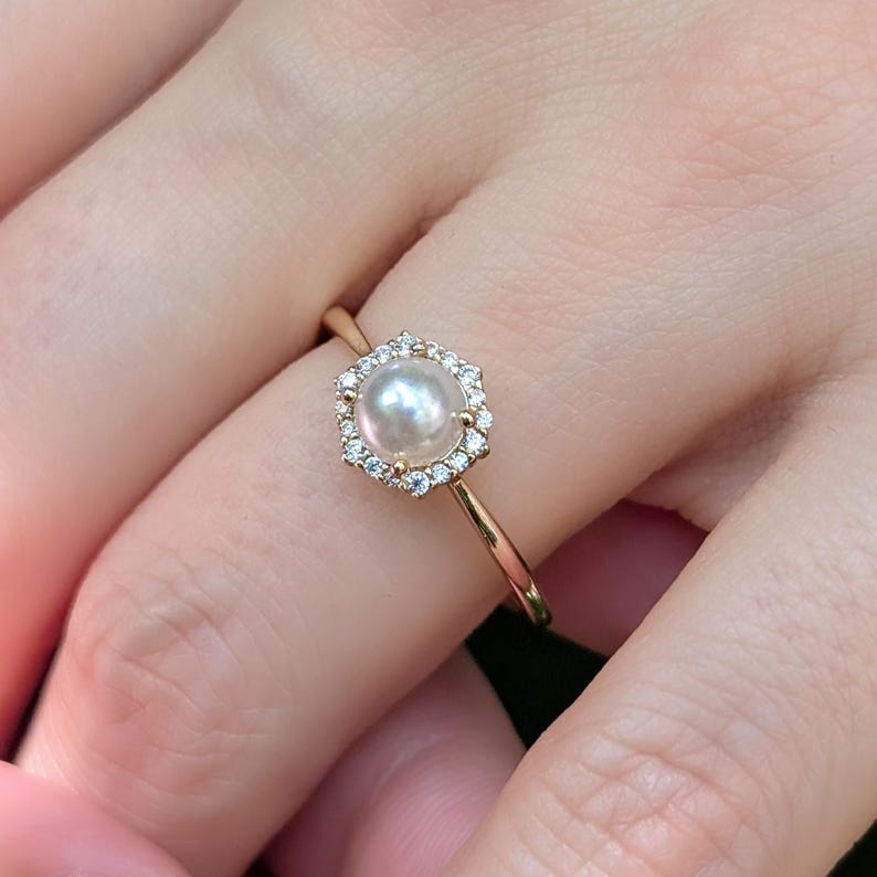 Pearl Hexagon Halo Ring