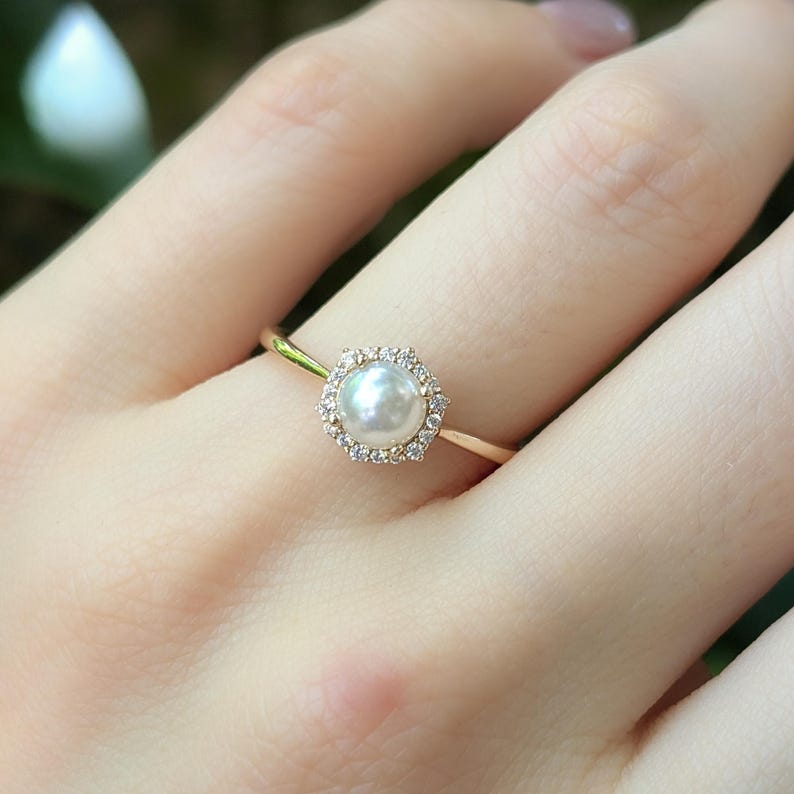Pearl Hexagon Halo Ring