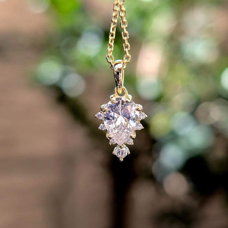 Vintage Teardrop Moissanite Halo Pendant Necklace