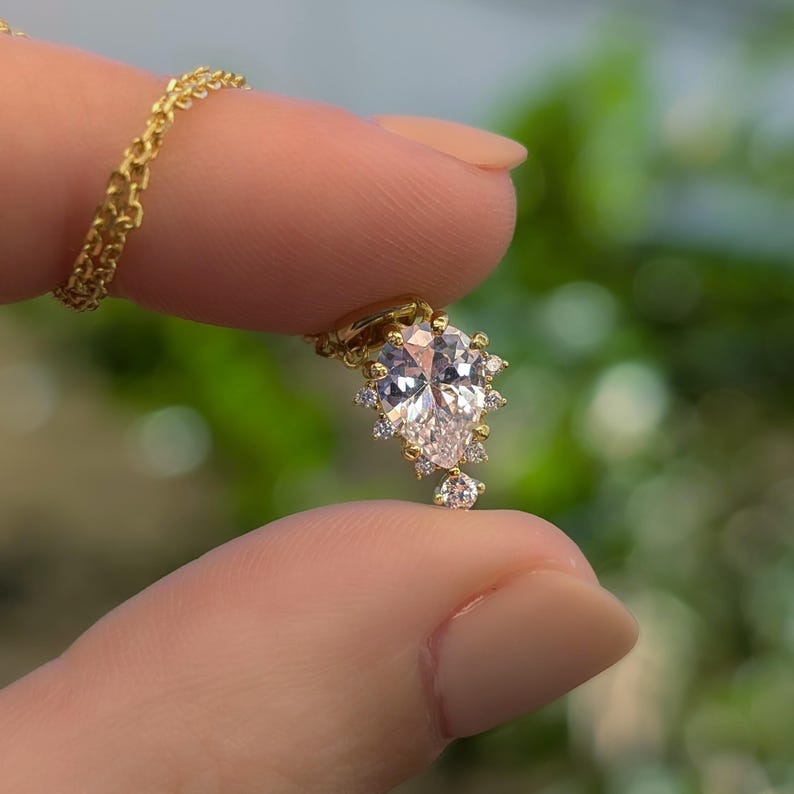 Vintage Teardrop Moissanite Halo Pendant Necklace