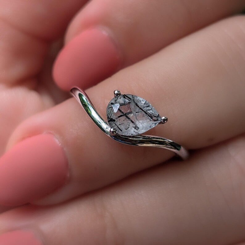 Sideways Rutilated Quartz Teardrop Ring