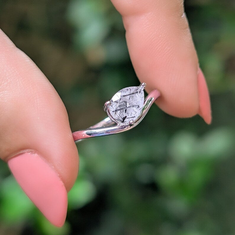 Sideways Rutilated Quartz Teardrop Ring