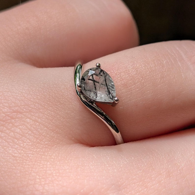 Sideways Rutilated Quartz Teardrop Ring