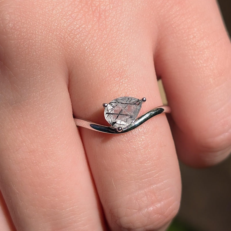 Sideways Rutilated Quartz Teardrop Ring