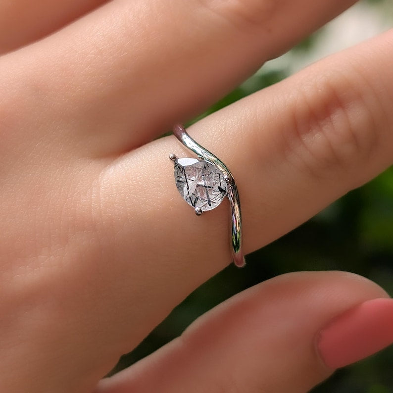 Sideways Rutilated Quartz Teardrop Ring