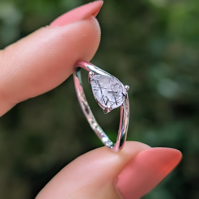 Sideways Rutilated Quartz Teardrop Ring