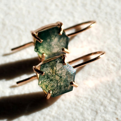 The Ashera - Hexagon Natural Moss Agate Dangle Earrings