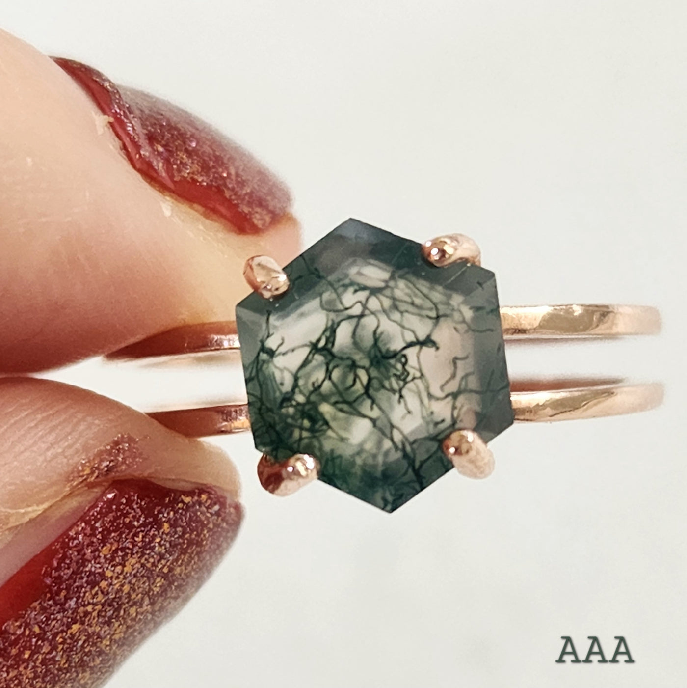Hexagon Moss Agate Ring
