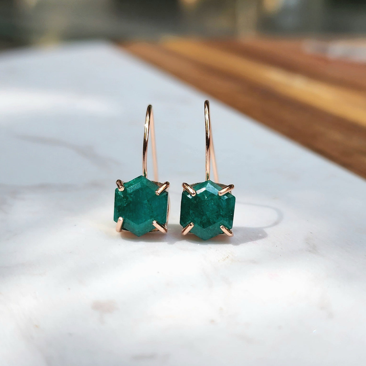 The Ashera - Hexagon Natural Emerald Dangle Earrings