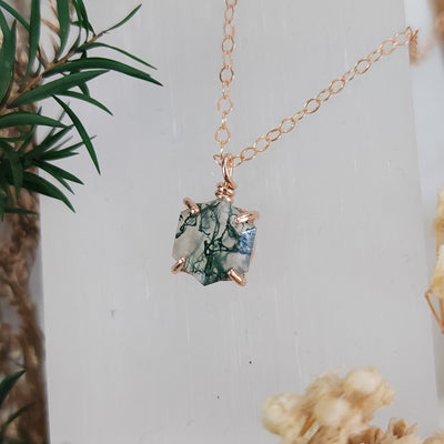 The Ashlynn- Hexagon Natural Moss Agate Necklace
