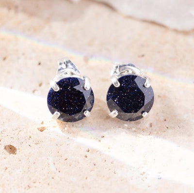 Round Blue Sandstone Stud Earrings