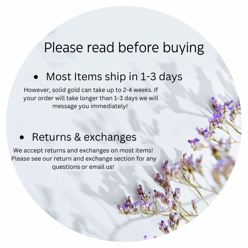 Shipping and returns policy notice for 3mm stud earrings with purple flower decor