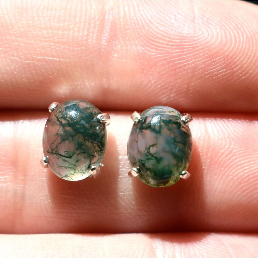 Moss Agate Oval Stud Earrings Earrings Handmade Handcrafted