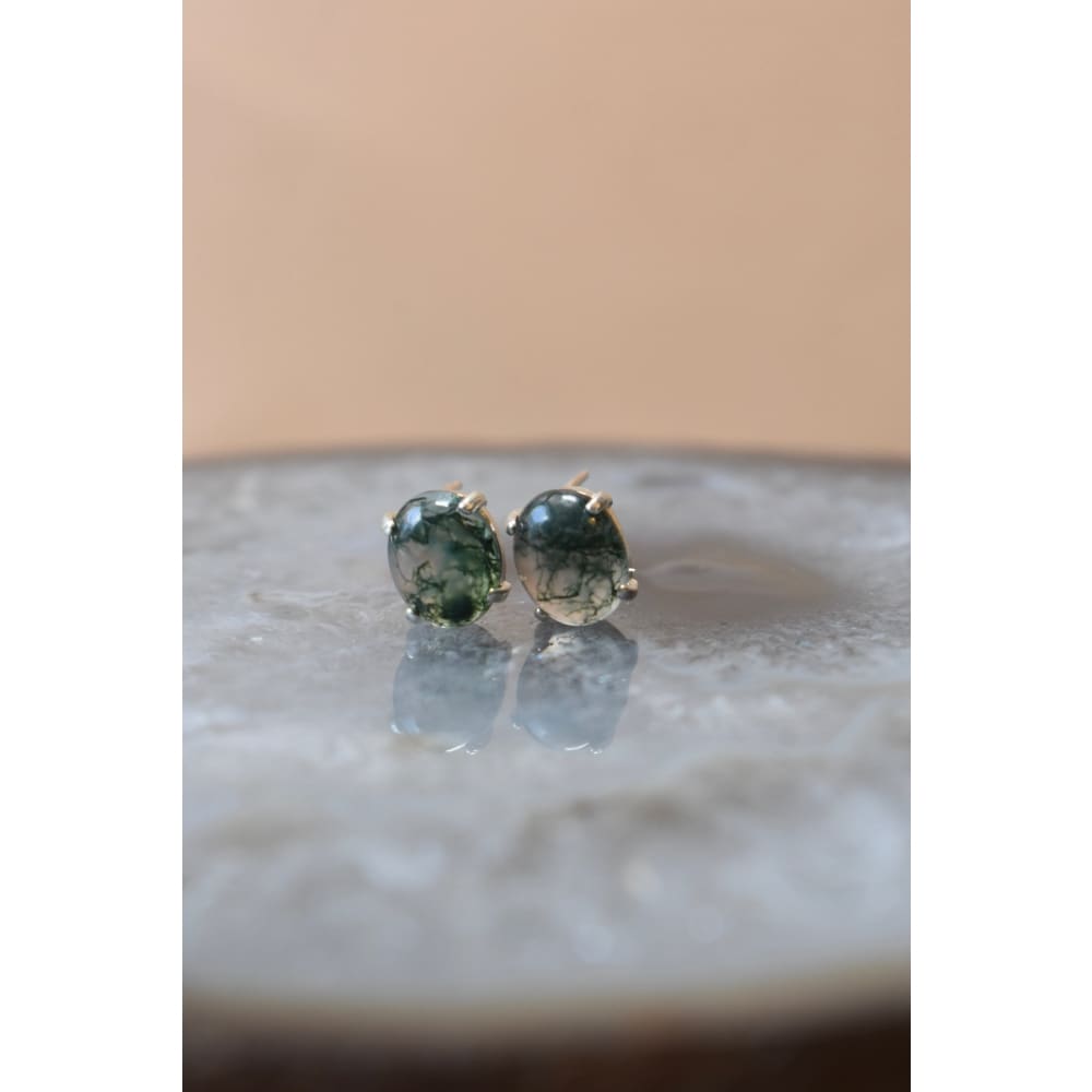 Moss Agate Oval Stud Earrings Earrings Handmade Handcrafted