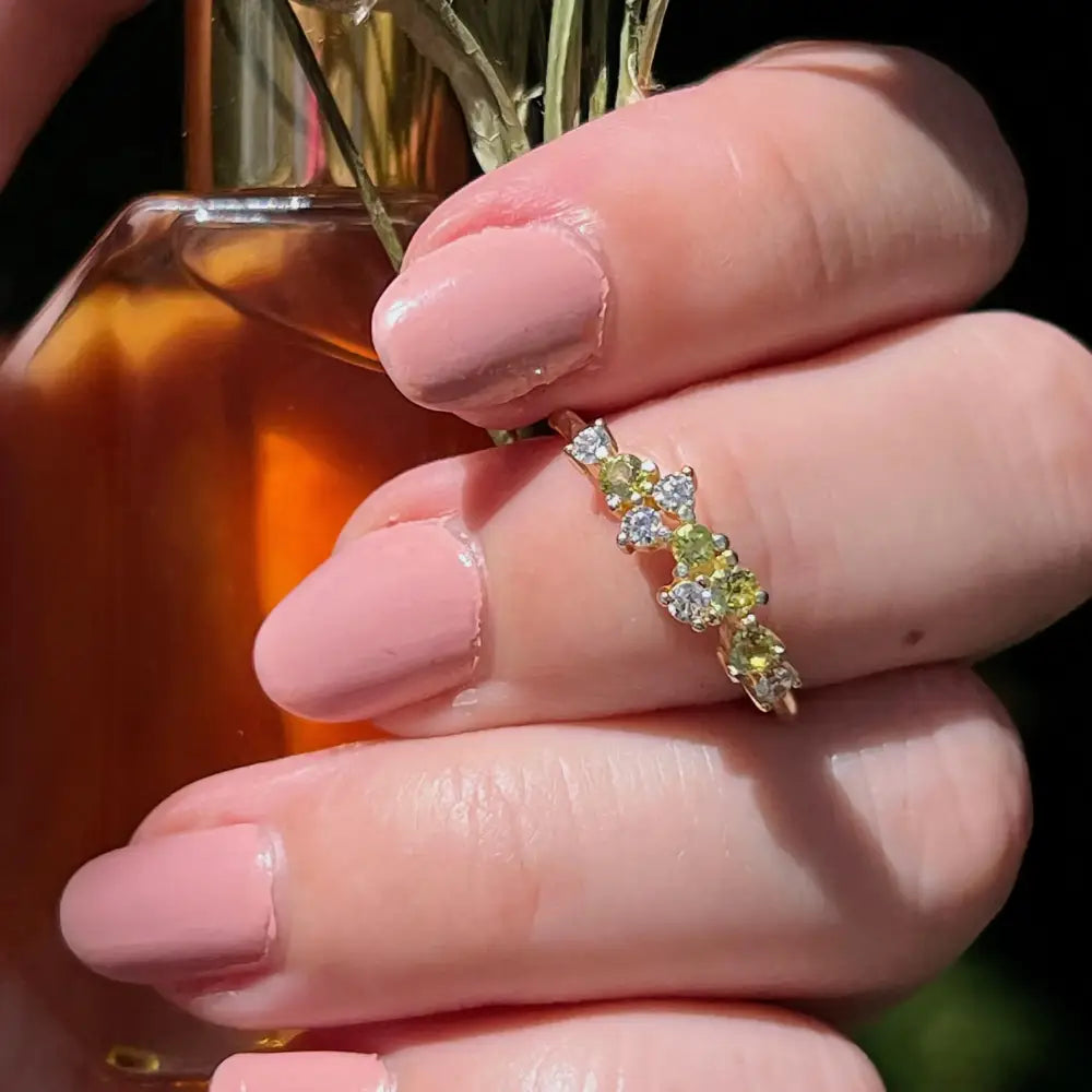 9 Stone Peridot Cluster Band Rings Handmade Handcrafted