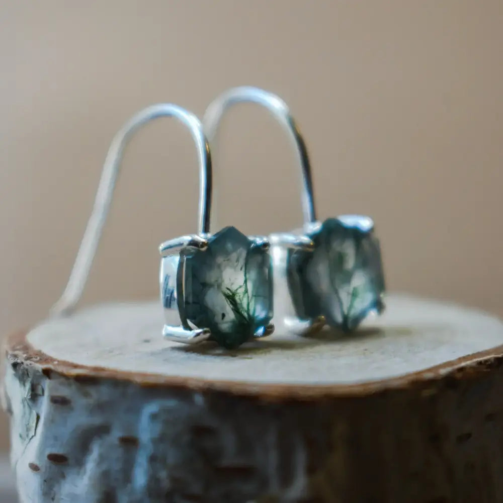 The Ashera - Hexagon Natural Moss Agate Dangle Earrings Earrings Handmade Handcrafted