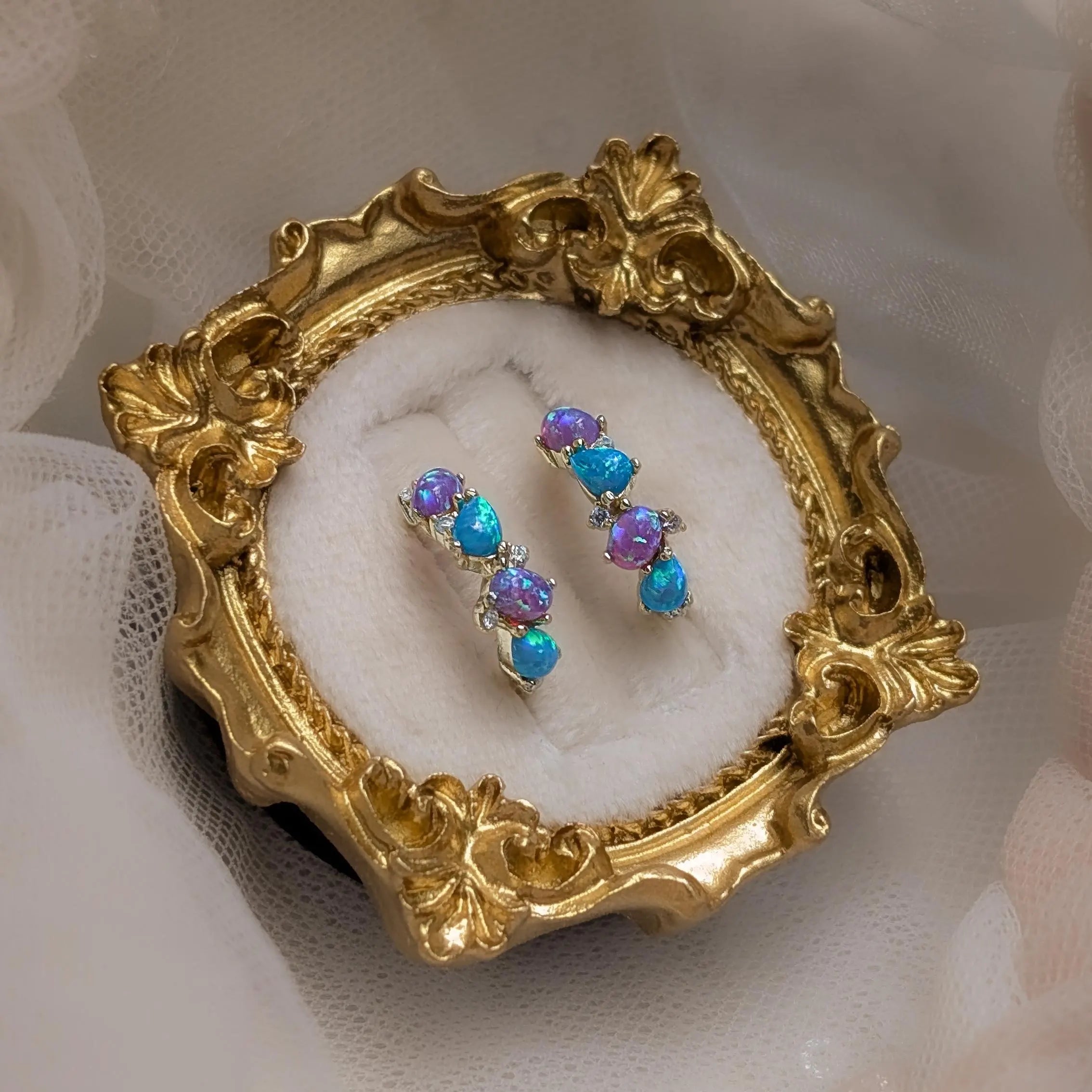 The Legacy Earrings - Blue and Purple Opal Hoops
