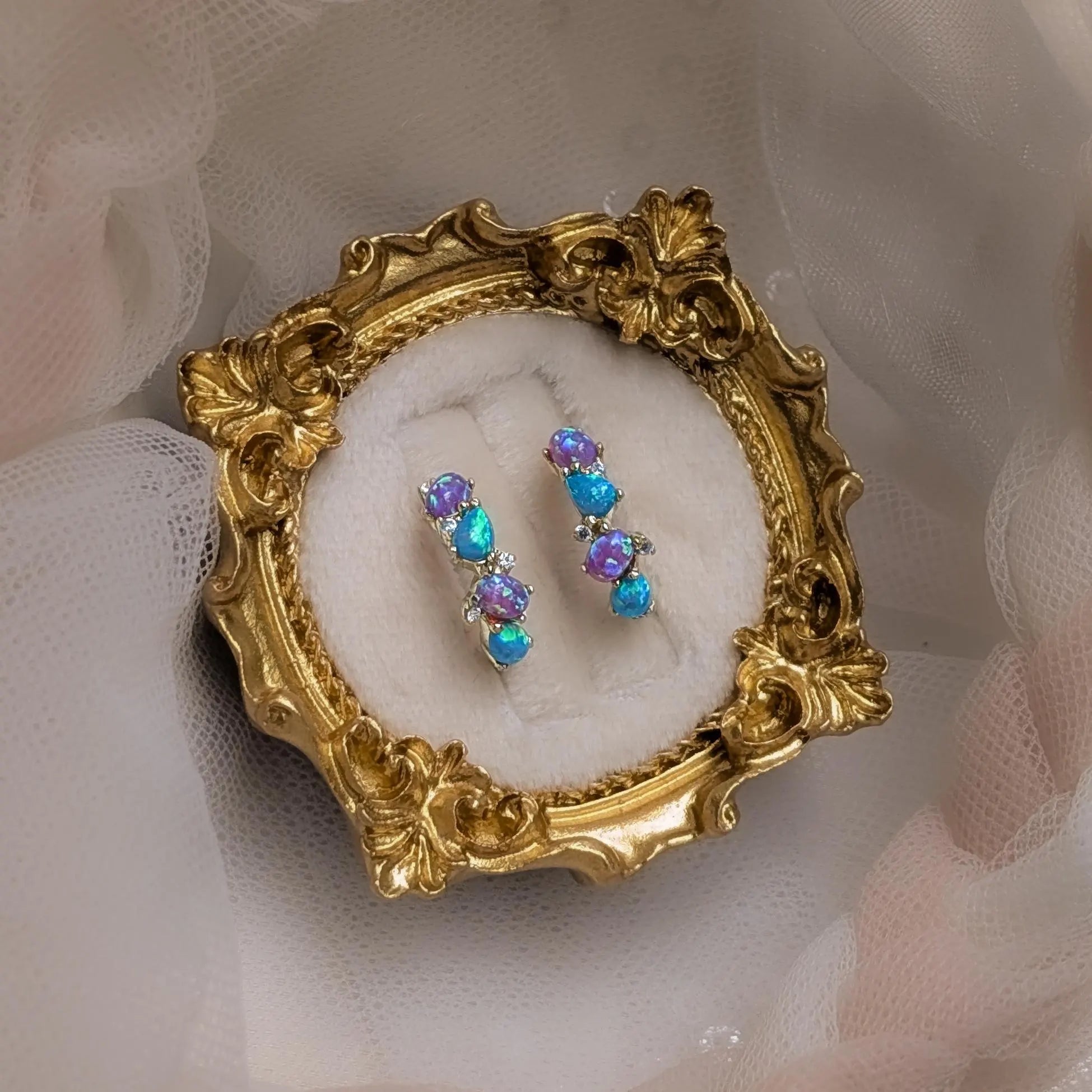 The Legacy Earrings - Blue and Purple Opal Hoops