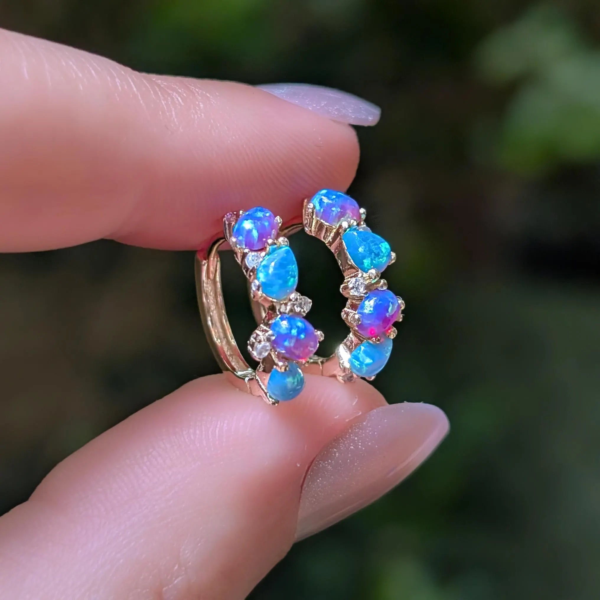 The Legacy Earrings - Blue and Purple Opal Hoops