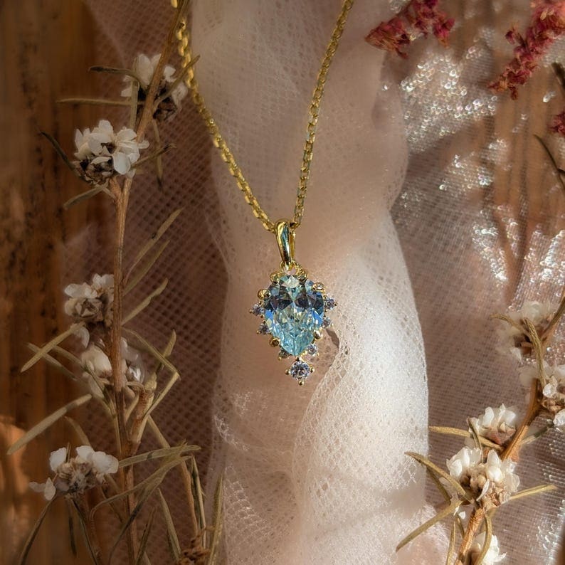 Celestial Drop - Aquamarine Upside-Down Teardrop Necklace Necklaces Handmade Handcrafted