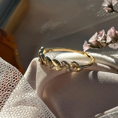 Clear Quartz Laurel Leaf Half Eternity Band Rings Handmade Handcrafted