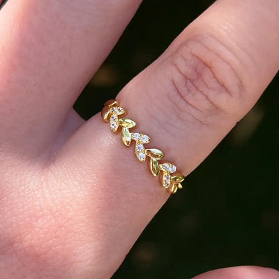 Clear Quartz Laurel Leaf Half Eternity Band Rings Handmade Handcrafted