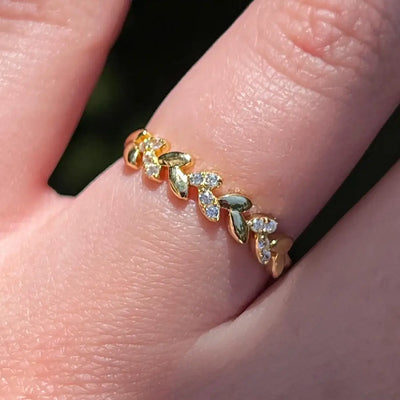 Clear Quartz Laurel Leaf Half Eternity Band Rings Handmade Handcrafted