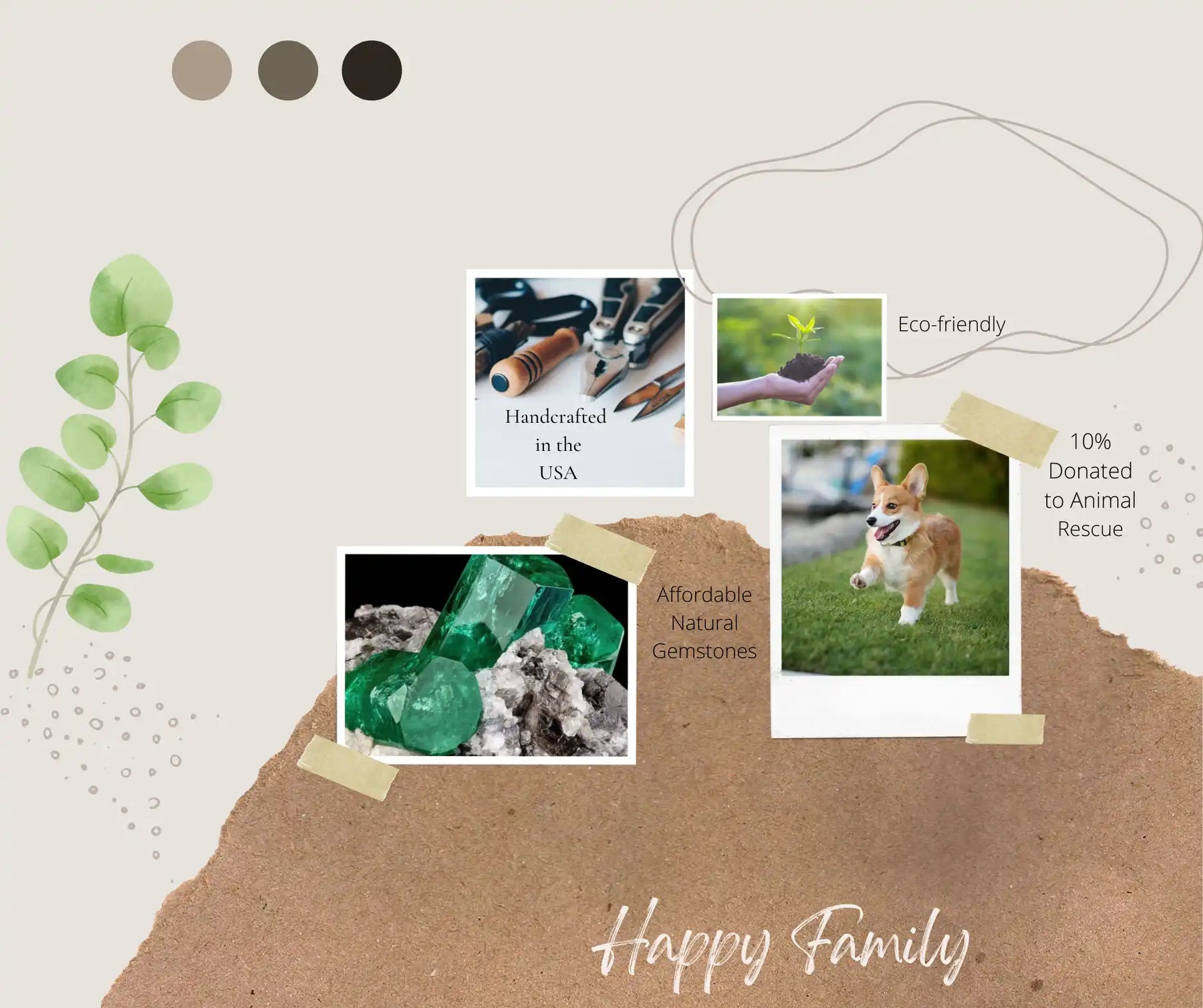 Digital collage featuring photos of pets and eco-friendly products with ’Happy Family’ text.