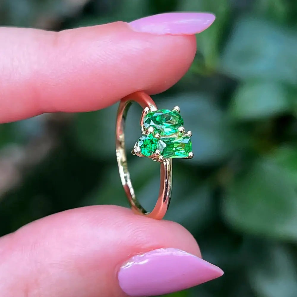 Emerald 3 Stone Cluster Ring Rings Handmade Handcrafted