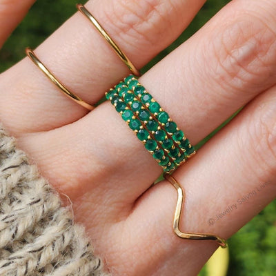 Gold Emerald Half Eternity Band with rows of emerald green crystals