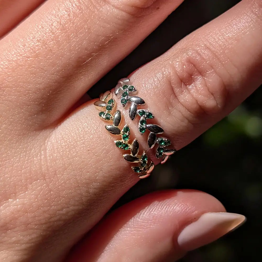 Emerald Laurel Leaf Half Eternity Band Rings Handmade Handcrafted