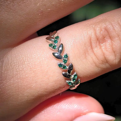 Emerald Laurel Leaf Half Eternity Band Rings Handmade Handcrafted