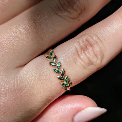 Emerald Laurel Leaf Half Eternity Band Rings Handmade Handcrafted