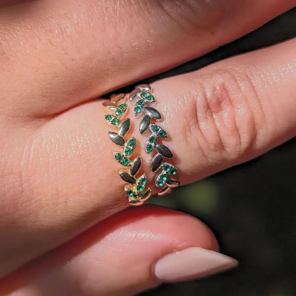 Emerald Laurel Leaf Half Eternity Band Rings Handmade Handcrafted
