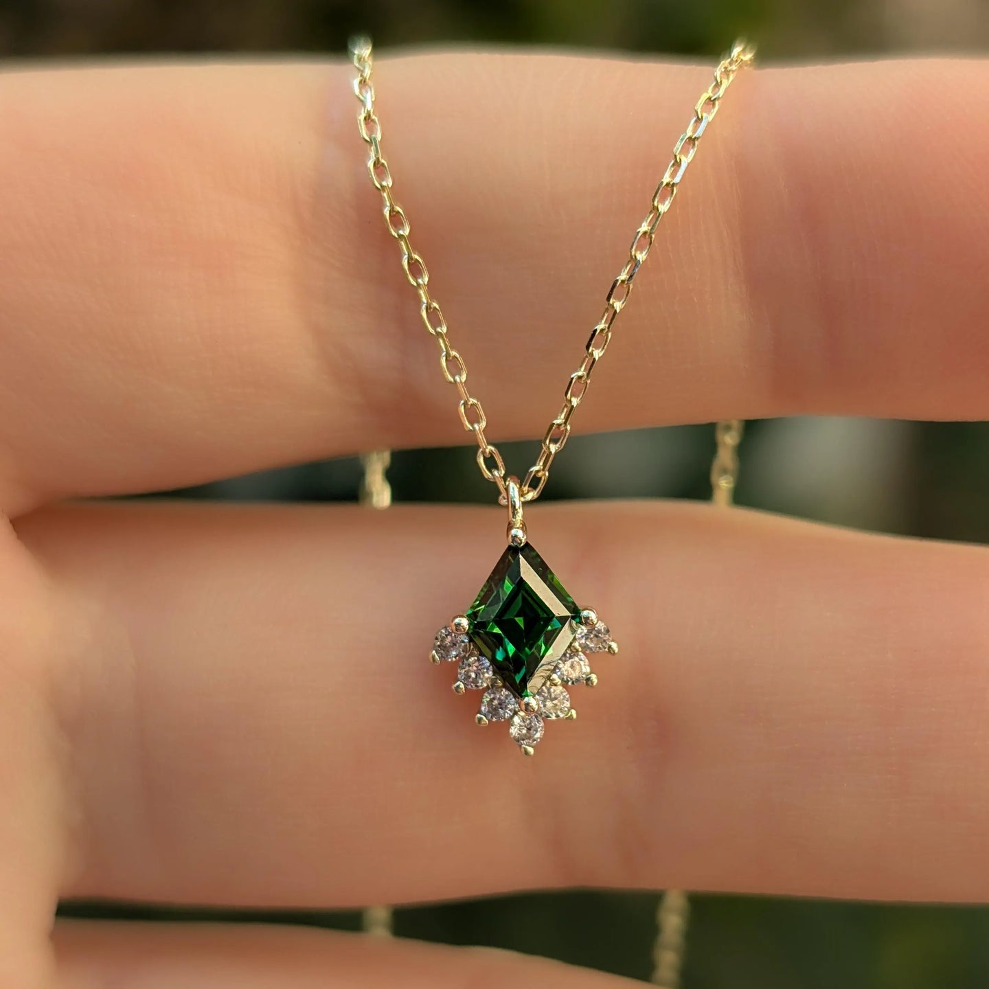 Kite Shaped Emerald Half Halo Pendant Necklace