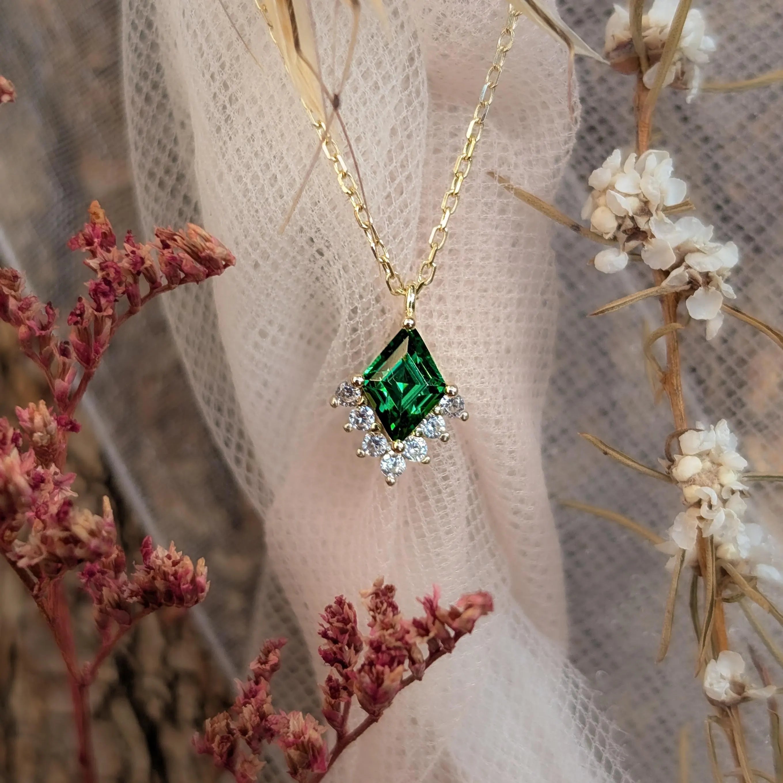 Kite Shaped Emerald Half Halo Pendant Necklace