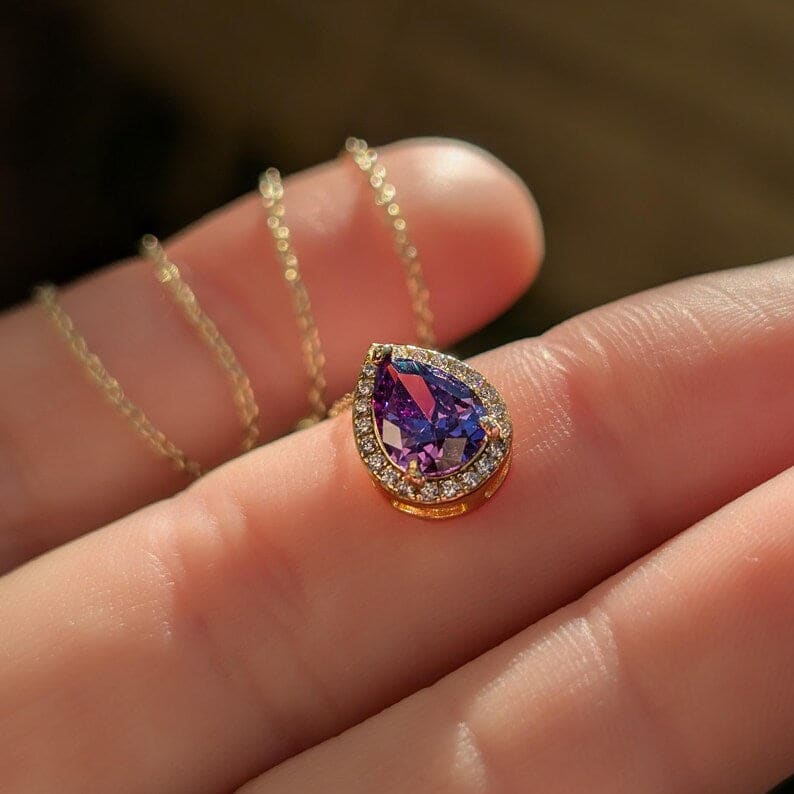 Floating Vintage Teardrop Amethyst Halo Pendant Necklace Necklaces Handmade Handcrafted