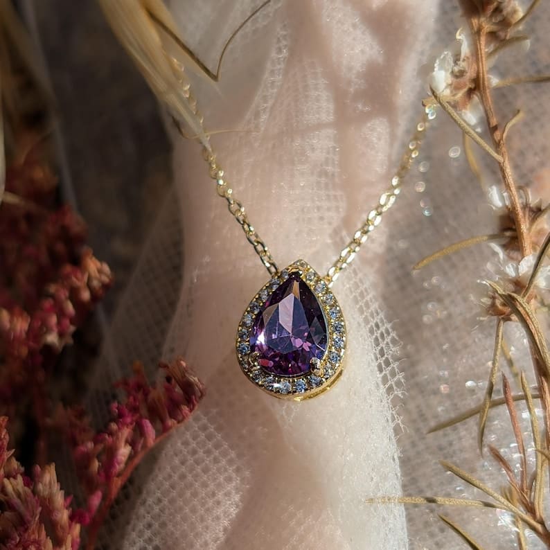 Floating Vintage Teardrop Amethyst Halo Pendant Necklace Necklaces Handmade Handcrafted