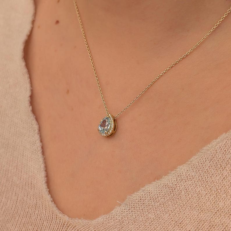Floating Vintage Teardrop Aquamarine Halo Pendant Necklace Necklaces Handmade Handcrafted