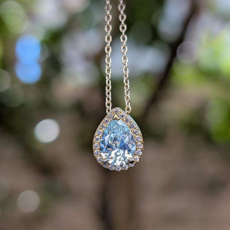 Floating Vintage Teardrop Aquamarine Halo Pendant Necklace Necklaces Handmade Handcrafted