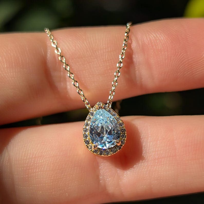 Floating Vintage Teardrop Aquamarine Halo Pendant Necklace Necklaces Handmade Handcrafted