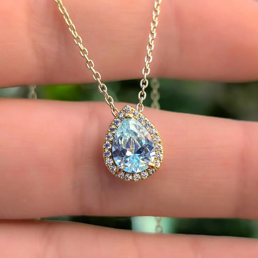 Floating Vintage Teardrop Aquamarine Halo Pendant Necklace Necklaces Handmade Handcrafted