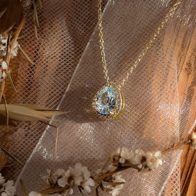 Floating Vintage Teardrop Aquamarine Halo Pendant Necklace Necklaces Handmade Handcrafted