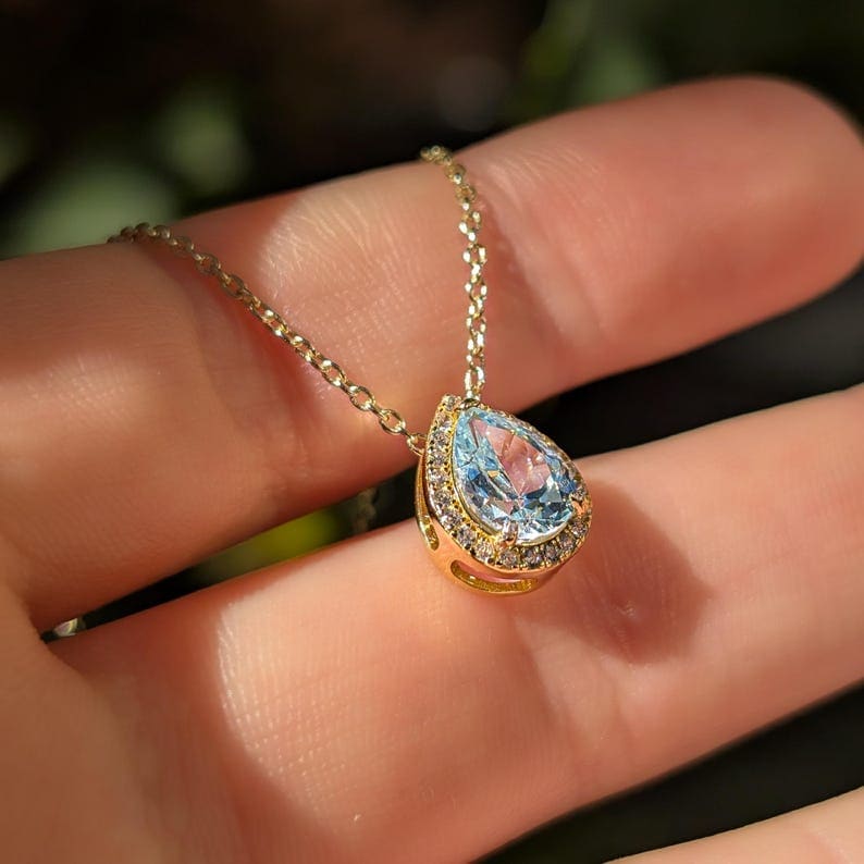 Floating Vintage Teardrop Aquamarine Halo Pendant Necklace Necklaces Handmade Handcrafted