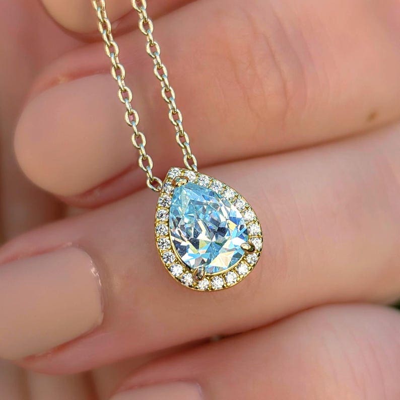Floating Vintage Teardrop Aquamarine Halo Pendant Necklace Necklaces Handmade Handcrafted